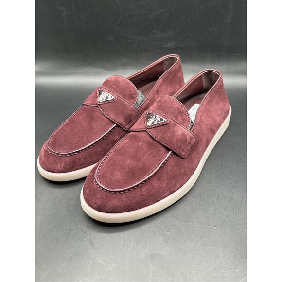 PRADA Suede Slip-On Loafers Logo Dress Shoes Men Prada Shoes Burgundy NWOTB READ main image 9